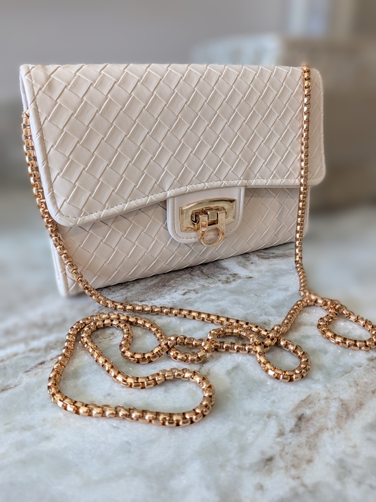 Handbags - Women's Cream Woven Leather Dressy Crossbody Bag with Gold Chain